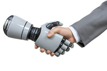 Human hand shaking a robotic hand, symbolizing collaboration, innovation, and the future of...