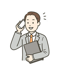 携帯電話で話しパソコンを抱え仕事をする若い男性の上半身イラスト