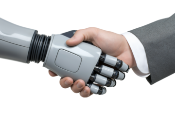 Human hand shaking a robotic hand, symbolizing collaboration, innovation, and the future of technology.
