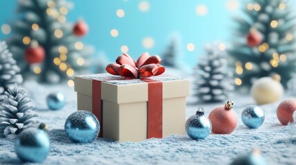 Christmas gift box with red ribbon and ornaments in snow