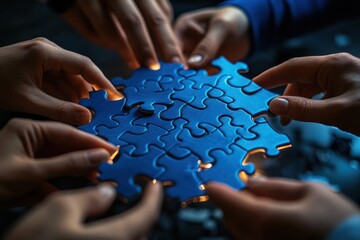 Blue puzzle shaped like hexagon completed by teamwork, hands and warm tones