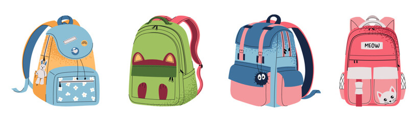 Set of different school backpack and schoolbag. Collection of children bags. Hand drawn vector illustration on isolated background. Modern flat cartoon style. Back to school, stickers