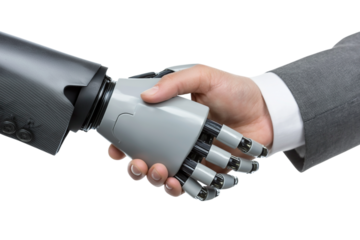 Human hand shaking a robotic hand, symbolizing collaboration, innovation, and the future of technology.