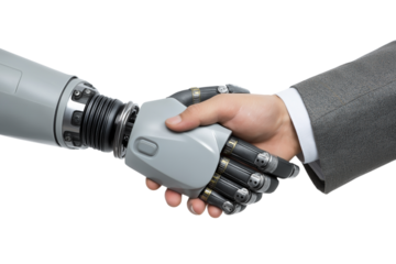 Human hand shaking a robotic hand, symbolizing collaboration, innovation, and the future of technology.