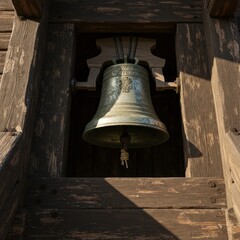 Fototapeta premium Historic bell hanging in wooden tower under clear blue sky