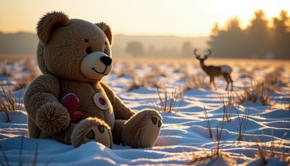 Adorable teddy bear plush toy sitting on snow-covered ground with a serene deer in the background du sunset in a winter landscape