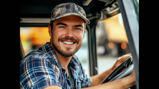 Happy young man in plaid shirt and cap sitting Cheerful Vehicle Maintenance Worker Smiling - Powered by Adobe