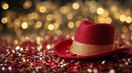 Red glitter hat with gold band on confetti background