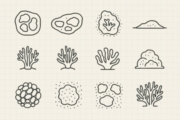 Hand-drawn microorganisms and seaweed icons on grid paper