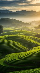 Green Terraced Rice Fields with Mountains, and Sunrise.