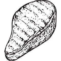Black and white hand-drawn grilled steak with charred grill marks, richly textured, ideal for culinary, barbecue, or menu-themed designs