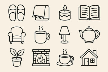 Cozy home icons collection featuring blanket, cake, book, and more