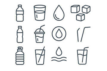 Water icons set: bottles, glasses, straws, ice cubes, droplets
