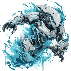 illustration of a sleek white and grey futuristic robot leaping through a vibrant cyan energy surge.