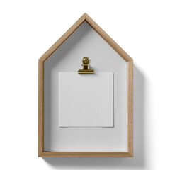 A wooden house-shaped frame with a blank clipboard for notes or messages.
