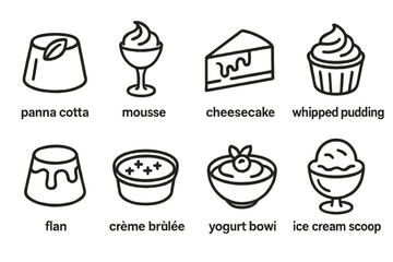 Delicious dessert icons: panna cotta, mousse, cheesecake, whipped pudding, flan, crème brûlée, yogurt bowl, ice cream scoop