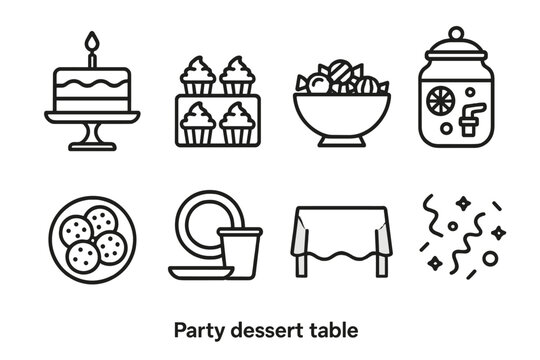 Party dessert table outline: cake, cupcakes, fruit bowl, cookies, drinks, decorations