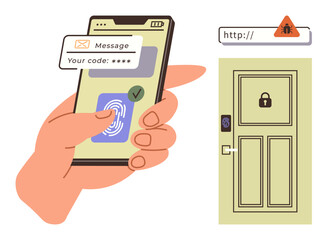 Hand uses fingerprint verification on smartphone, showing code message next to padlocked door and phishing alert. Ideal for cybersecurity, phishing awareness, data protection, authentication, online