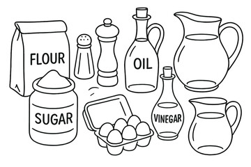 Essential kitchen ingredients: flour, sugar, oil, vinegar, eggs, salt, pepper