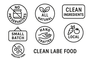 Clean label food icons: no preservatives, all natural, clean ingredients