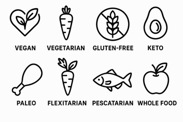 Dietary icons for vegan, vegetarian, gluten-free, keto, and more