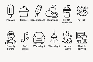 Line icons of frozen desserts and cafe atmosphere elements