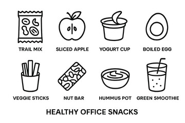 Healthy office snacks: trail mix, sliced apple, yogurt cup, veggie sticks, green smoothie