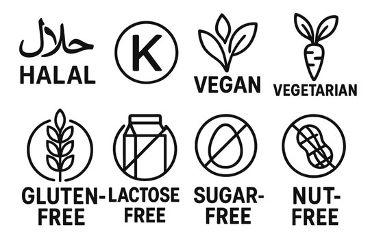 Halal vegan vegetarian gluten-free lactose-free sugar-free nut-free food symbols