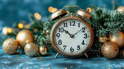 Vintage alarm clock with Christmas ornaments and evergreen branches