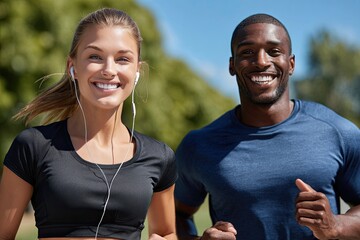 A man and woman in their thirties, wearing black sports with blue accents on the chest, are running together outdoors against a light sky background