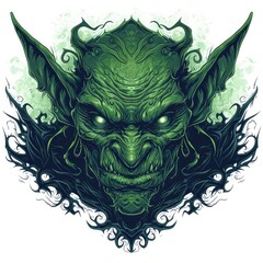 Menacing green goblin with sharp teeth and glowing eyes set against a dark ornate background.
