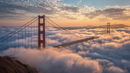 Golden Gate Bridge covered in clouds during sunset in California evening © Oleksandr