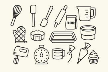 Outline of baking utensils: whisk, rolling pin, cake pan, measuring cup, oven mitt