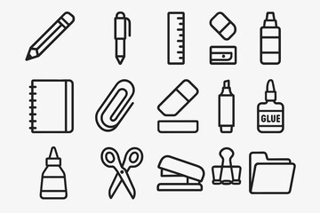 Set of black and white office supply icons: pencil, pen, ruler, eraser, glue, scissors, notebook