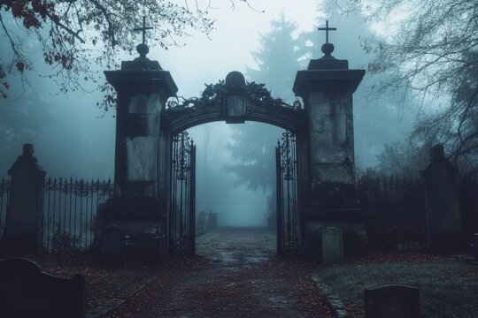 Graveyard Gate. Scary Old Entrance to Forest Cemetery in Dense Fog with Gothic Vibes