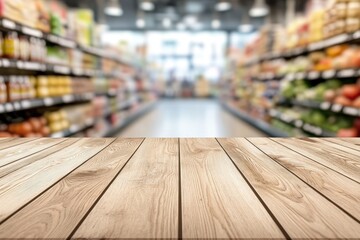Fototapeta premium Grocery Backdrop. Tabletop Wooden Scenery with Modern Product Display in Supermarket