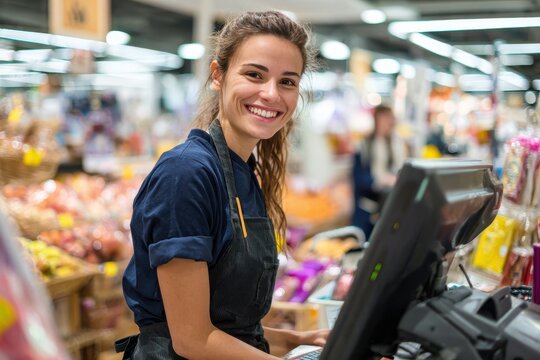 Grocery Cashier at Retail Supermarket Checkout Smiling while Scanning Items