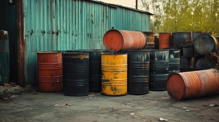 Hazardous Disposal. Group of Steel Drums Storing Waste in Sheltered Accumulation Area