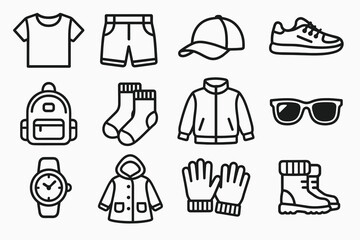Outline icons of clothing and accessories: t-shirt, shorts, cap, sneakers, backpack