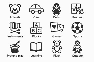 Fototapeta premium Illustrated icons: animals, cars, dolls, puzzles, instruments, blocks, sports, more