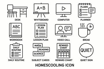 Homeschooling icon set: tools and concepts for effective home learning
