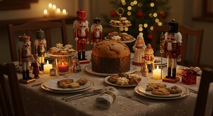 A beautifully decorated Christmas table with festive treats and nutcracker figures.