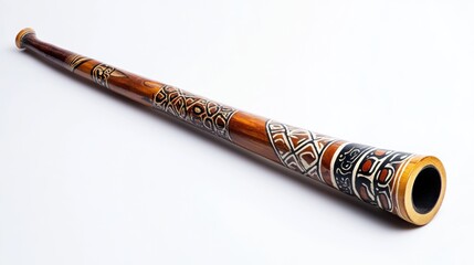A didgeridoo with intricate designs, ample space for text on the right, against a white background