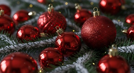 Obraz premium Beautiful arrangement of red Christmas ornaments on snow-covered evergreen branches