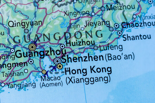 Geographic map showing the cities of Shenzhen and Hong Kong.