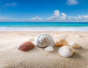 composition with beach water, sand, starfish and seashells. Summer vacations concept.
