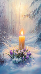 The picture shows a winter landscape, where the gentle rays of the sun begin to break through the remnants of snow. In the center is a bright symbol a burning candle surrounded by the Flower