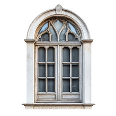 Old arched window with Gothic details stone frame and wooden panes