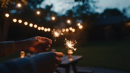 Close-up of hands holding sparklers with a picnic table, and festive string lights in the background, celebrating Independence Day.