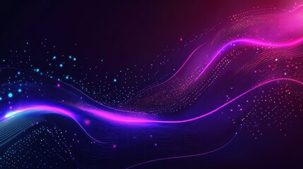 Fototapeta premium A digital-inspired abstract design with glowing grids, circuit patterns, and neon elements in shades of purple, pink, and blue, on a dark backdrop